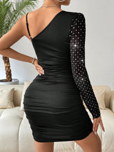 Ladies' Asymmetric Neck One Shoulder Sheer Long Sleeve Slim Fit & Stretchy Bodycon Dress